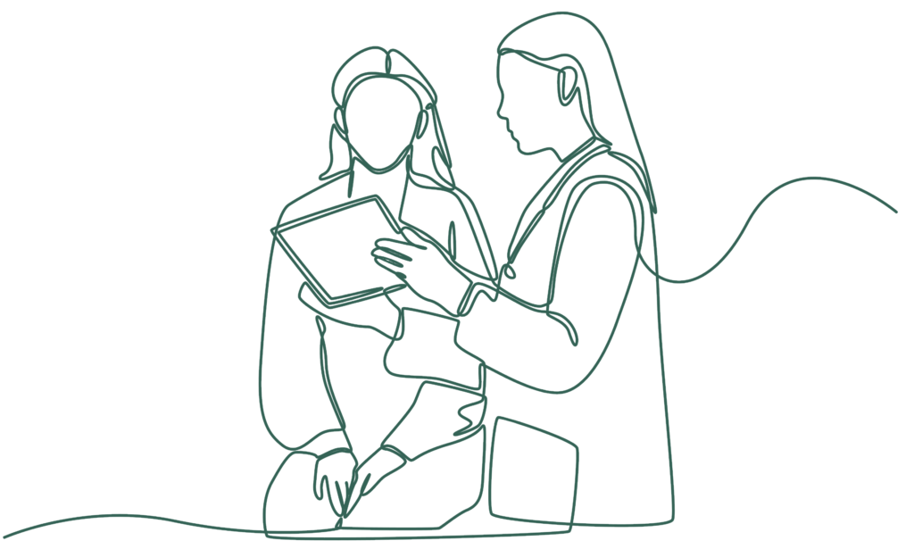 Line drawing of medical professional speaking with patient